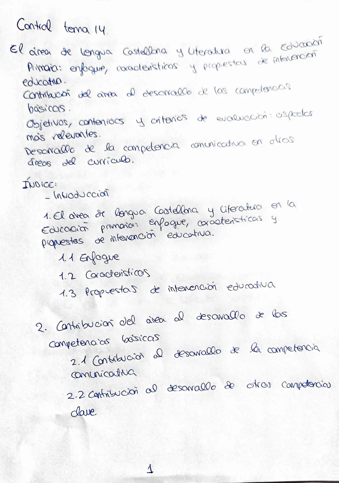 Folio de un tema de oposición escrito a mano con bolígrafo azul: título del tema e índice numerado.